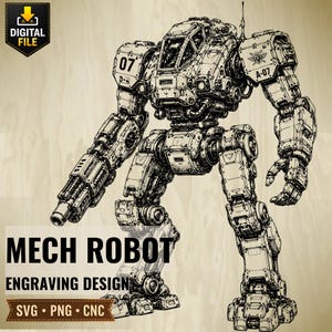 Może przedstawiać: Szczegółowa czarno-biała ilustracja robota mech. Robot ma złożoną konstrukcję z widocznymi częściami mechanicznymi, kokpitem i dużą bronią na jednym ramieniu. Tekst na dole brzmi "MECH ROBOT ENGRAVING DESIGN".