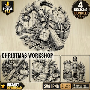 Puede incluir: Un paquete de archivos digitales con cuatro ilustraciones en blanco y negro de un taller navideño. Los diseños incluyen un martillo con una etiqueta de Santa's Workshop, un cincel, un pincel y un cascanueces, decorados con ramas de pino.
