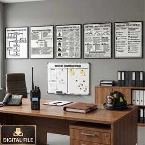Può includere: Un ambiente di ufficio professionale con una scrivania in legno, una radio e un casco da pompiere. La parete mostra grafici incorniciati con testo, tra cui "Incident Command Board" e "Fireground Size-Up Checklist". Un'icona di file digitale è in basso a sinistra.