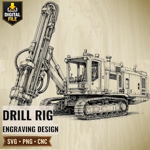 Drill Rig Engraving Design SVG PNG | Crawler Rotary Drill Line Art | Mining Equipment CNC Laser Digital Download