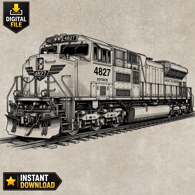 Train SVG PNG, Freight Locomotive Engraving Design, Railroad Train ...