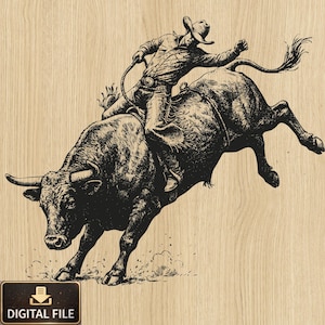 Puede incluir: Ilustración en blanco y negro de un vaquero montando un toro. El vaquero lleva sombrero y sujeta una cuerda. El toro está encabritado. La imagen está sobre un fondo claro de vetas de madera. Las palabras "DIGITAL FILE" están en un recuadro negro.