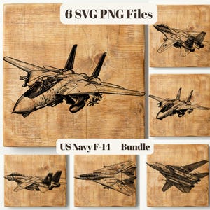 May include: A collection of six SVG and PNG files featuring detailed black and white illustrations of US Navy F-14 fighter jets. The images are displayed on wooden backgrounds, with text reading "6 SVG PNG Files" and "US Navy F-14 Bundle".