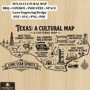 Puede incluir: Un mapa grabado con láser de Texas, que muestra iconos culturales como vaqueros, barbacoa y exploración espacial. El mapa incluye texto como "Texas: A Cultural Map" y "Lone Star Spirits". El diseño es adecuado para archivos digitales.