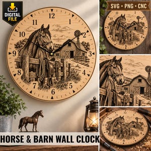 Häst- och ladugårdsväggklocka SVG, Western Farm-klocka lasergraveringsdesign, Horse Ranch-klocka PNG, rustik lantlig laserskuren fil