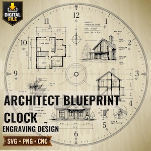 May include: A circular clock face design featuring an architectural blueprint of the Timberline House. The light wood grain background displays floor plans, house elevations, and technical details with black numerals from 1 to 12.