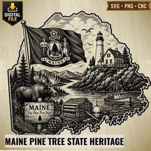 May include: A black and white digital illustration of the state of Maine featuring the state flag, a lighthouse, a moose, a lobster trap, and a fishing boat. The text reads Maine, The Pine Tree State, and Dirigo. This graphic is for SVG, PNG, and CNC use.