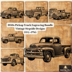 Puede incluir: Una colección de ilustraciones de estilo vintage de camionetas pickup de los años 1950. Las imágenes están en tonos sepia, mostrando el diseño clásico de los vehículos. El texto "1950s Pickup Truck Engraving Bundle Vintage Stepside Designs SVG • PNG" está presente.