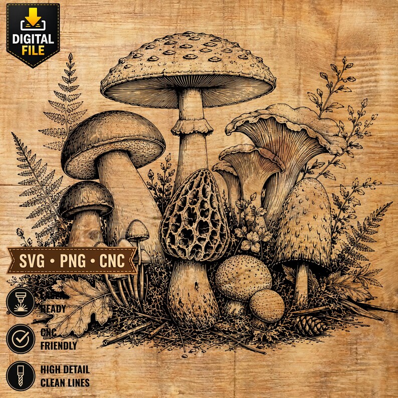 May include: Detailed illustration of various mushrooms, including a large, spotted cap mushroom, a morel, and several others, with fern and floral accents. The image is in shades of brown and beige, with the text "DIGITAL FILE" and "SVG &bull; PNG &bull; CNC".