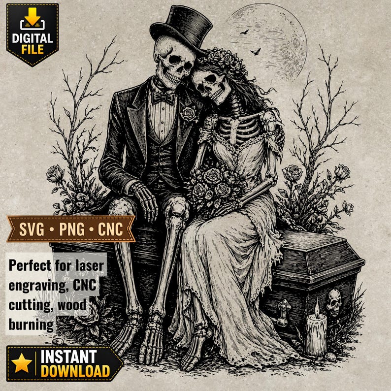 Gothic Skeleton Couple Engraving Design, Dark Romance Laser Cut File ...