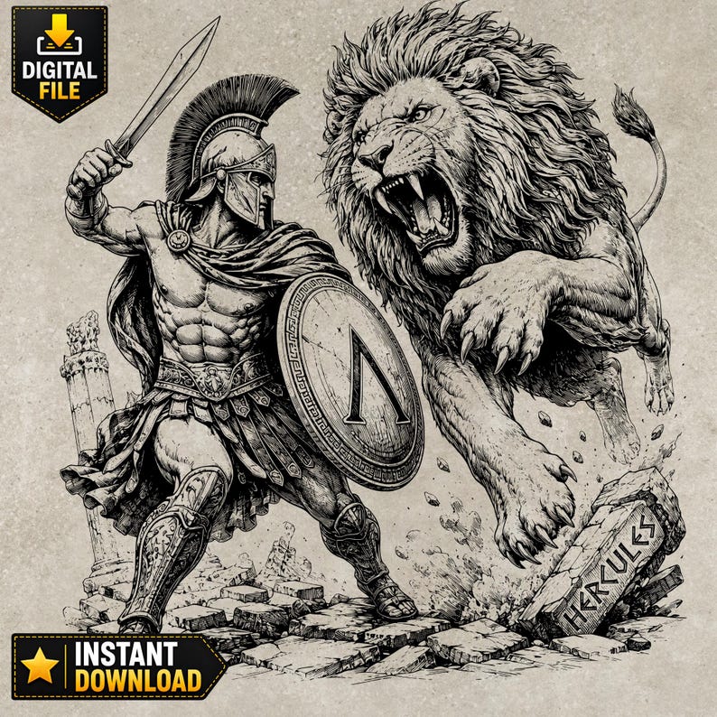 Spartan Warrior SVG, Lion Battle PNG, Greek Mythology Engraving Design ...