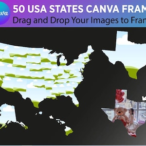 Modèle de cadre Canva 50 États-Unis, cadres d'État individuels, maquette de carte des États-Unis, glisser-déposer facile