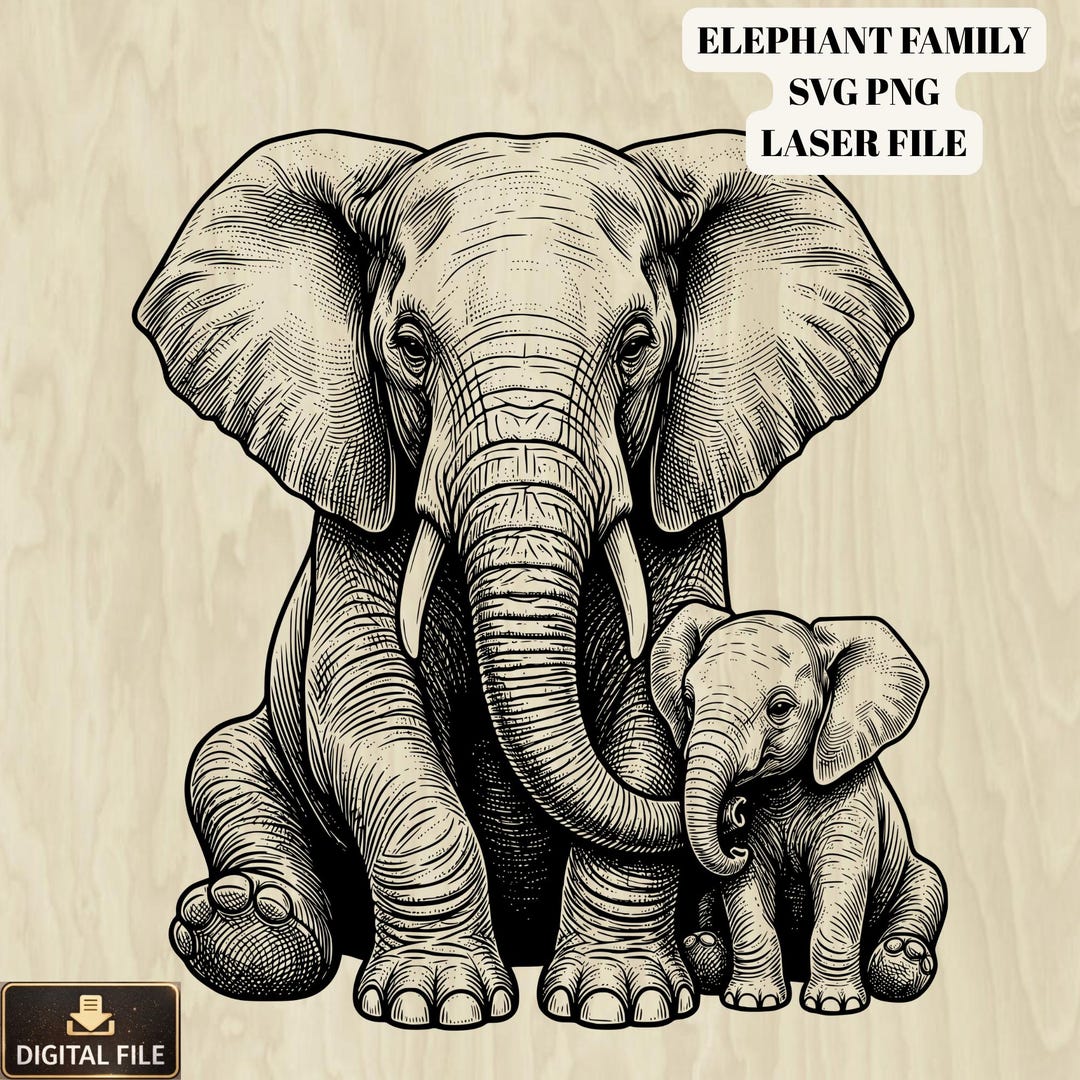 Elephant Family Engraving Design, Wildlife SVG PNG (digital Download ...