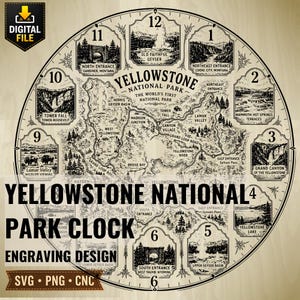Op de afbeelding: Een cirkelvormig klokontwerp met een gedetailleerde kaart van Yellowstone National Park. Het midden toont wegen en bezienswaardigheden, terwijl twaalf geïllustreerde vignetten van parklocaties de omtrek omringen, genummerd van één tot en met twaalf.