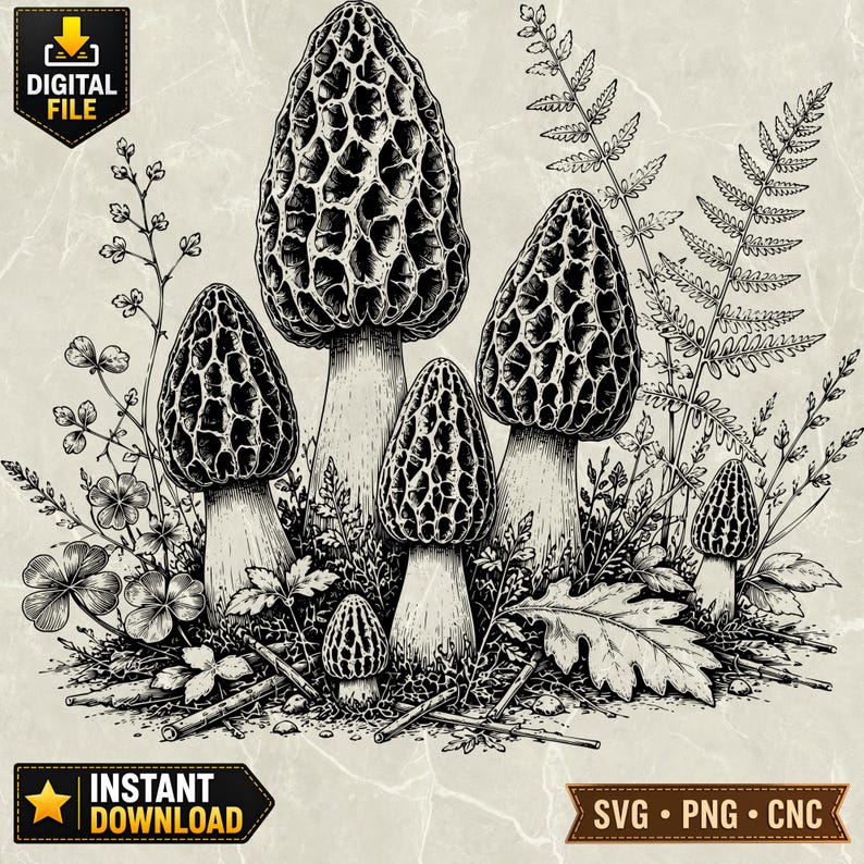 May include: Black and white illustration of morel mushrooms with detailed textured caps, surrounded by foliage. The image includes the text "DIGITAL FILE" and "INSTANT DOWNLOAD".