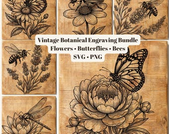Vintage Botanical Engraving Bundle, Flowers Butterflies Bees SVG PNG (Digital Download)