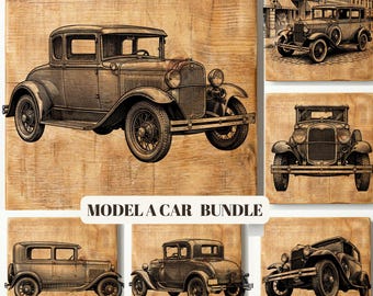 May include: A collection of six vintage Model A car illustrations in a sepia tone, presented on a wooden background. The images include various angles of the classic car, with the text "6 SVG PNG Files" and "MODEL A CAR BUNDLE".