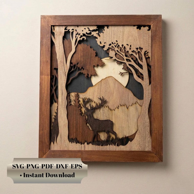 Layered Deer Shadow Box SVG | Rustic Forest Scene Laser Cut File ...