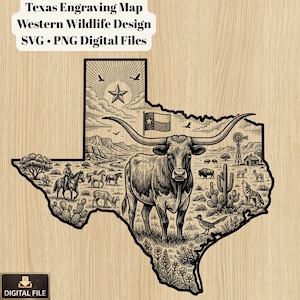 Könnte beinhalten: Schwarz-Weiß-Gravur der Karte von Texas mit einem Longhorn, einem Cowboy zu Pferd und verschiedenen Wildtieren. Das Design beinhaltet die Texas-Flagge und den Text "Texas Engraving Map Western Wildlife Design SVG • PNG Digital Files".