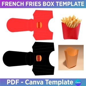Bewerkbare Franse Fry Box Canva Frame Template, Friet Kartonnen Doos voor Cadeau, Party Snack Box, Gebakken Aardappel Box Sjabloon, Gemakkelijk Drag-and-Drop