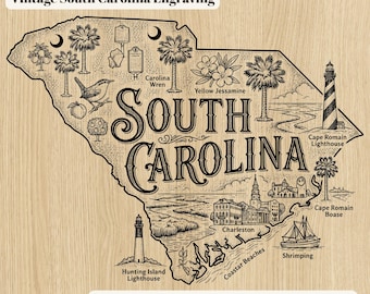 Mapa antiguo de Carolina del Sur grabado en formato SVG / Archivo para corte láser (descarga digital)