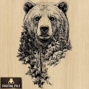 May include: A detailed black and white illustration of a bear's face, with a forest scene integrated into the bear's form. The image is set against a light wood grain background. A small black rectangle with the words "DIGITAL FILE" is in the lower left corner.