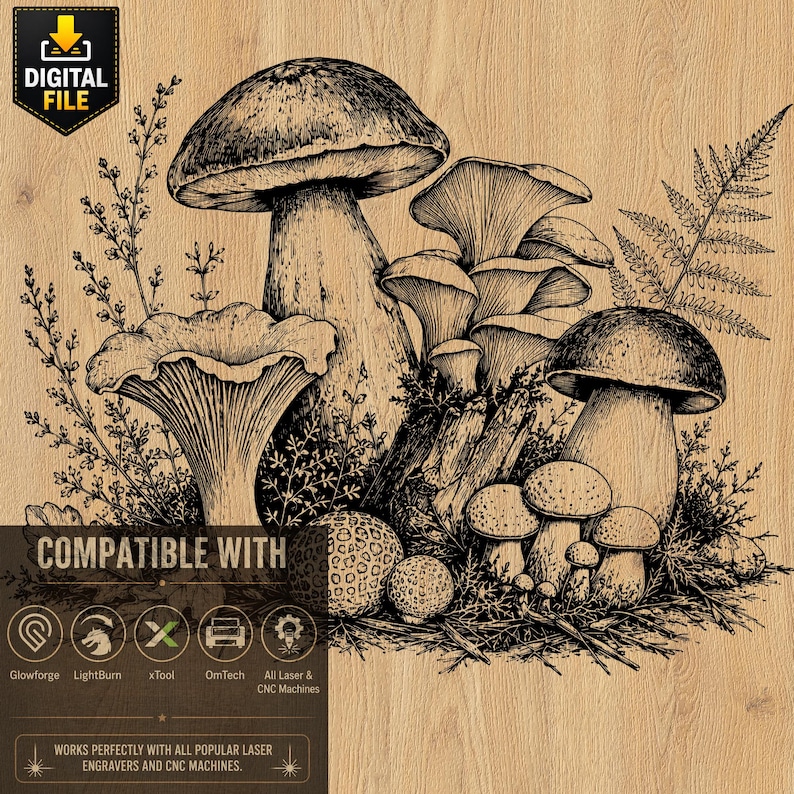 May include: Digital file featuring a detailed black and white illustration of various mushrooms and foliage. The image includes text indicating compatibility with laser engravers and CNC machines. The design is set against a wood grain background.