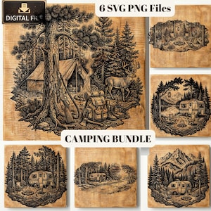 Vintage Camping Bundle SVG PNG, Forest Mountain Scene, Camper RV Engraving Files (Digital Download)
