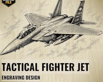 May include: Detailed engraving of a tactical fighter jet, featuring the text "F-15EX EAGLE II 001" on the tail. The design includes the words "TACTICAL FIGHTER JET" and "ENGRAVING DESIGN". The image is labeled as a digital file, available in SVG, PNG, and CNC formats.