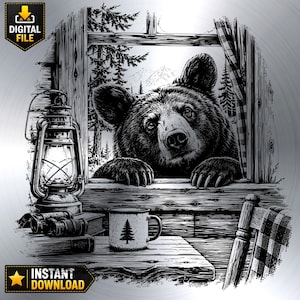 May include: A black and white digital illustration featuring a bear looking through a window. A lantern, a stack of books, and a mug with a pine tree graphic sit on a wooden table. The scene includes a chair with a plaid cloth and a forest view.