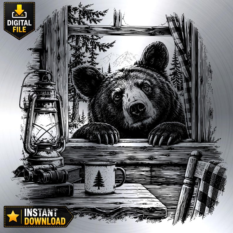 May include: A black and white digital illustration featuring a bear looking through a window. A lantern, a stack of books, and a mug with a pine tree graphic sit on a wooden table. The scene includes a chair with a plaid cloth and a forest view.