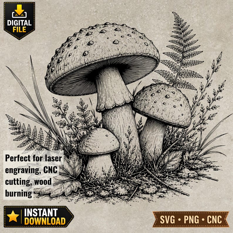 May include: Black and white illustration of three mushrooms with dotted caps and detailed stems, surrounded by ferns and grass. The image includes text that says "Perfect for laser engraving, CNC cutting, wood burning" and "Instant Download."