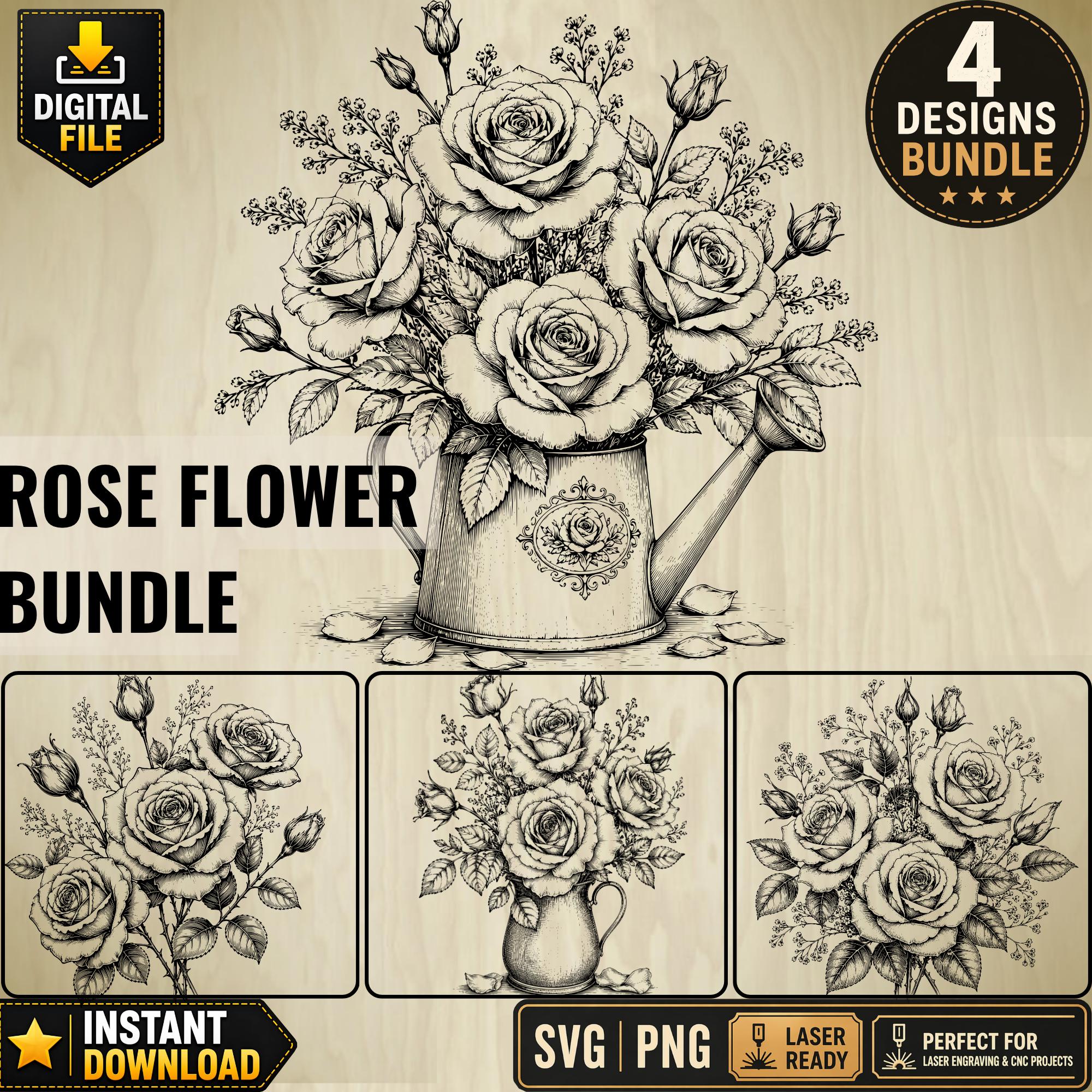 Rose Flower SVG Bundle, Floral Rose PNG Set, Vintage Rose Bouquet ...