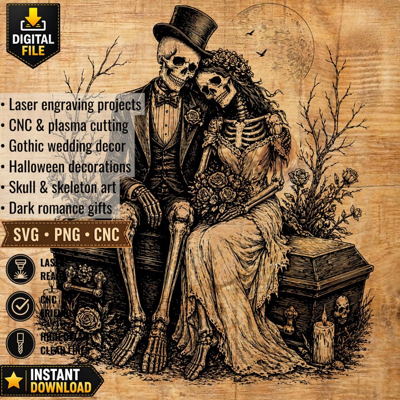 Gothic Skeleton Couple Engraving Design, Dark Romance Laser Cut File ...