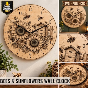 May include: A round wooden wall clock featuring a laser-engraved design of sunflowers, a beehive, and flying bees. The clock face displays black numerals from 1 to 12, black hour and minute hands, and intricate botanical illustrations.