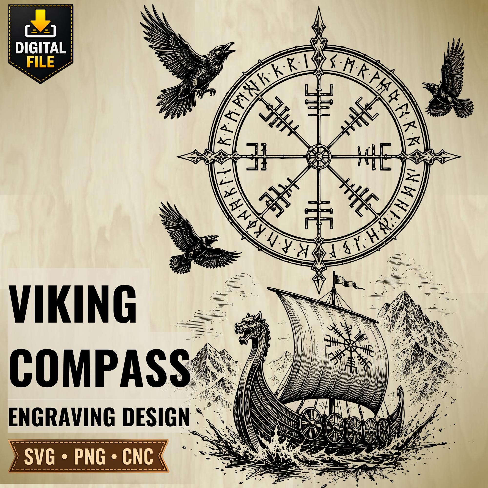 Viking Compass Engraving SVG PNG, Vegvisir Norse Symbol CNC Design ...