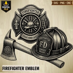 Può includere: Un'immagine digitale che mostra un emblema dei vigili del fuoco con una croce di Malta, un idrante, una scala e un casco. Sotto, un casco da vigile del fuoco con la scritta 'FIREFIGHTER FD ALWAYS READY' poggia su un'ascia con emblema 'FD'.