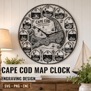 May include: A round wall clock featuring a detailed black and white map of Cape Cod, Massachusetts. The clock face displays twelve individual illustrations of local lighthouses and harbors, each paired with a number from one to twelve.