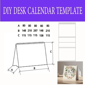 Op de afbeelding: Een DIY bureaukalendersjabloon met afmetingen gemarkeerd als A, B en C. De tekst "DIY DESK CALENDAR TEMPLATE" staat bovenaan. Een kleine afbeelding van een 2026 kalender met bloemaccenten staat rechtsonder. Afmetingen in millimeters.