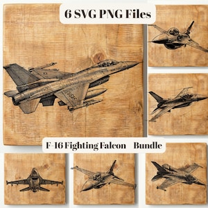 May include: A collection of six SVG and PNG files featuring detailed illustrations of F-16 Fighting Falcon fighter jets. The images are in a black and white style, set against a wooden background. Text reads "6 SVG PNG Files" and "F-16 Fighting Falcon Bundle."