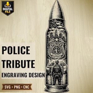 Peut inclure: Conception de gravure en noir et blanc représentant un projectile avec un thème policier. La conception comprend le texte "POLICE TRIBUTE ENGRAVING DESIGN", un insigne de police, un drapeau américain, un paysage urbain et un policier.