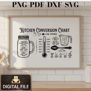 May include: A black and white kitchen conversion chart in a frame, detailing volume, temperature, and cooking times. Includes a digital file download option. The chart provides conversions for gallons, quarts, pints, cups, and tablespoons.