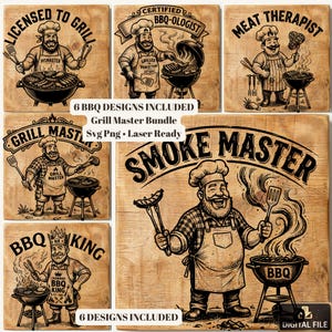 May include: Six BBQ-themed designs on wooden backgrounds. Each design features a cartoon chef with grilling tools and a barbecue grill. Text includes "Licensed to Grill", "Certified BBQ-Ologist", "Meat Therapist", "Grill Master", "BBQ King", and "Smoke Master".