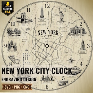 May include: A wooden New York City clock with an engraving design. The clock face features a map of NYC with landmarks like the Empire State Building, Brooklyn Bridge, and Statue of Liberty. The text "NEW YORK CITY CLOCK" is displayed.