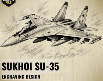 May include: Engraved illustration of a Sukhoi SU-35 fighter jet in flight. The image is in black and white with the number 35 on the nose and SU-35 on the tail. The text "SUKHOI SU-35 ENGRAVING DESIGN" is at the bottom.