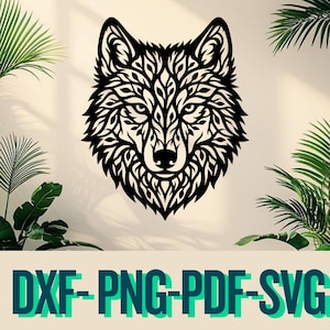 Peut inclure: Décoration murale tête de loup noire avec des détails complexes en forme de feuilles. La conception présente une représentation détaillée du visage d'un loup, idéale pour la décoration intérieure. Le texte: DXF-PNG-PDF-SVG.
