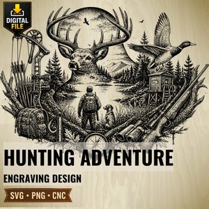 May include: Black and white engraving design featuring a hunting scene. A deer, hunter, dog, and duck are depicted near a lake and forest. The image includes a bow, arrows, rifle, binoculars, and the text "HUNTING ADVENTURE ENGRAVING DESIGN".