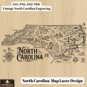 Puede incluir: Un mapa detallado en blanco y negro de Carolina del Norte, con puntos de referencia como las Great Smoky Mountains, Outer Banks y NASCAR. El mapa incluye el texto "North Carolina" y "North Carolina Map Laser Design."