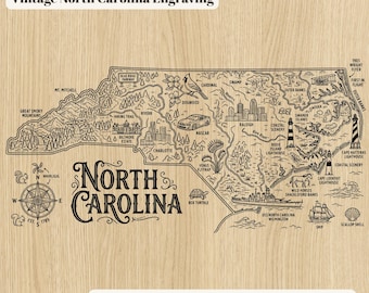 Mapa antiguo de Carolina del Norte grabado en formato SVG/archivo para corte láser (descarga digital)