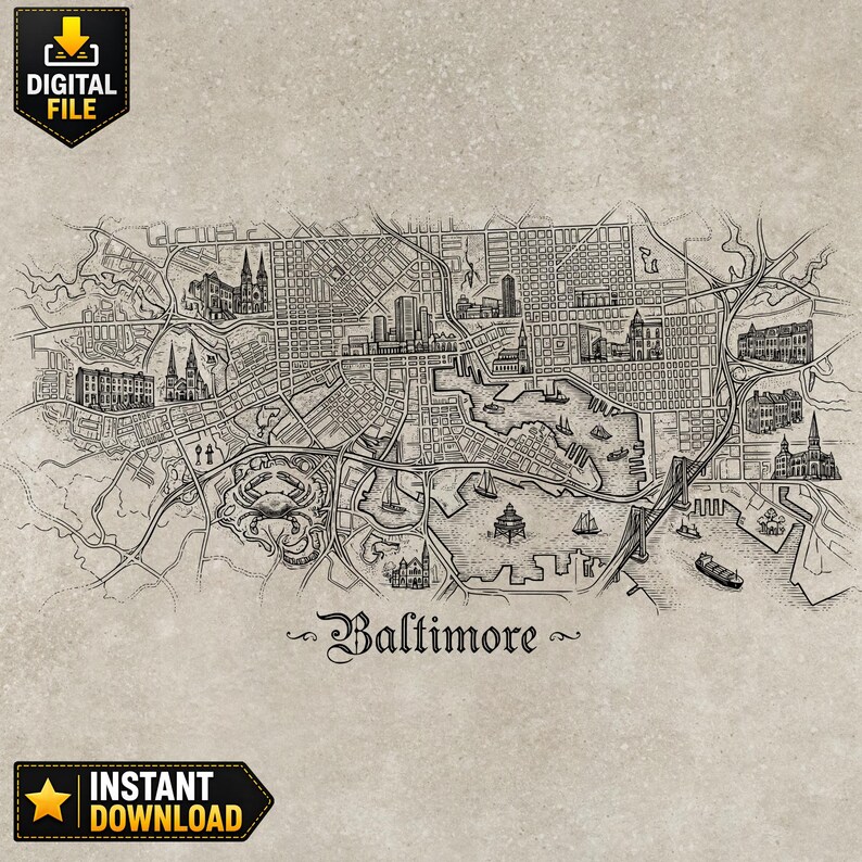 Baltimore City Map Engraving Design, Harbor Landmark SVG PNG CNC ...